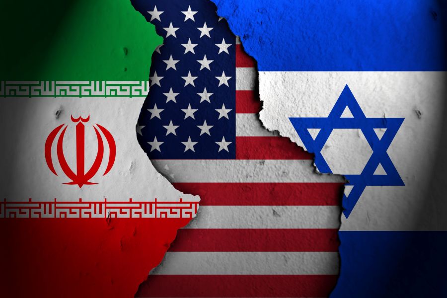 Irani Islamic Republic, US, Israel flags