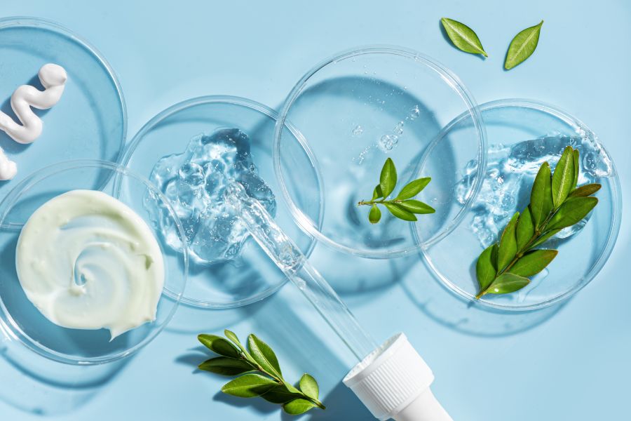 gel ingredients and leaves in petri dish