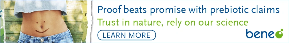 Beneo banner with a smiling midriff promoting science-backed prebiotic claims, with “Trust in nature, rely on our science
