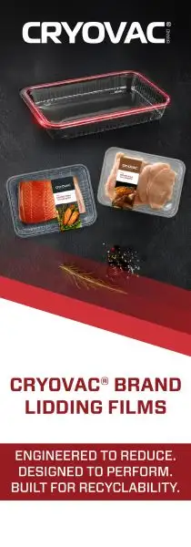 Cryovac Brand lidding films shown sealing recyclable trays of salmon and chicken, engineered to reduce and designed to perform.