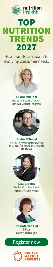 Top Nutrition Trends 2027 webinar banner with gold capsules, event date, and register now button.