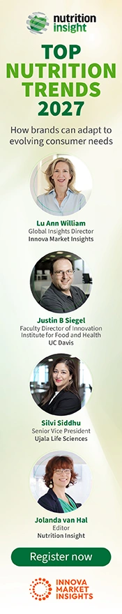 Top Nutrition Trends 2027 webinar banner with gold capsules, event date, and register now button.