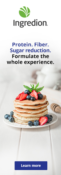 Banner with an image of pancakes and fruits on the light background with a company logo and campaign slogan with a learn more button on the bottom