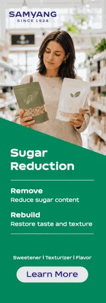Samyang Sugar Reduction graphic showing a woman holding ingredient packages, highlighting less sugar and rebuilt taste and texture.