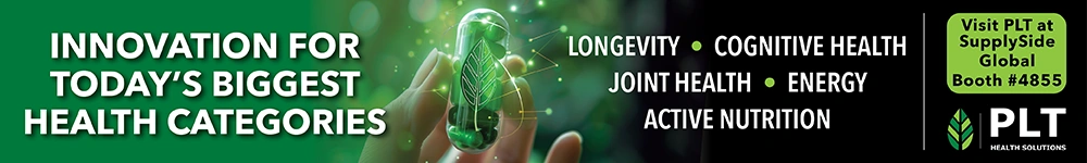 PLT Health Solutions banner showcasing innovations in longevity, cognitive health, joint health, energy, and active nutrition.