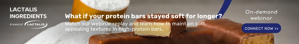Lactalis Ingredients banner promoting an on-demand webinar about maintaining soft textures in high-protein bars.