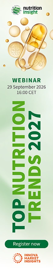 Top Nutrition Trends 2027 webinar banner with gold capsules, event date, and register now button.