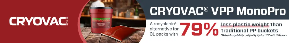 Cryovac VPP MonoPro recyclable packaging banner highlighting 79% less plastic weight than traditional PP buckets.