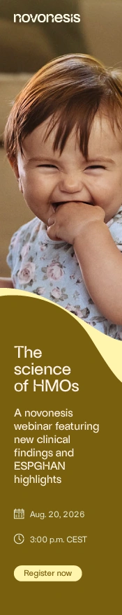 Smiling baby featured in a Novonesis webinar ad for “The Science of HMOs,” highlighting new clinical findings and ESPGHAN insights.