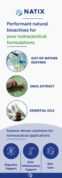 NATIX graphic highlighting natural bioactives for nutraceutical formulations, including enzymes, snail extract, and essential oils.