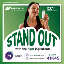 Faravelli promotional graphic for STAND OUT with the right ingredients, featuring a woman holding a product sample and event details for Fi Europe 2026