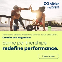 Two athletes prepare to sprint in an Albion Creative Management ad promoting partnerships that “redefine performance