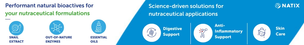 NATIX banner promoting natural bioactives for nutraceutical formulations, including snail extract, enzymes, essential oils, and health support.