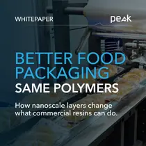 Industrial food packaging equipment with polymer film, overlaid with “Better Food Packaging, Same Polymers” whitepaper text.