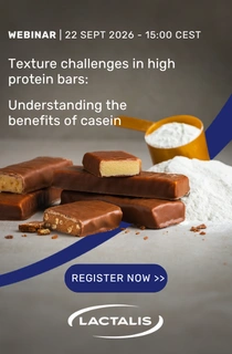 Lactalis webinar banner featuring chocolate-covered high-protein bars, flour and a scoop of powder, promoting texture and casein benefits.