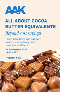 Banner with chocolate confectionery image promoting a webinar with a register now button on the bottom of the page
