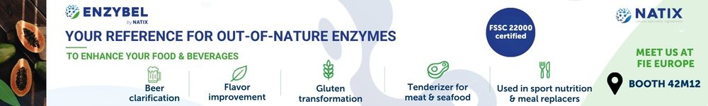 Enzybel by Natix promotes specialty enzymes for food and beverages, highlighting key applications and its presence at Fi Europe, booth 42M12