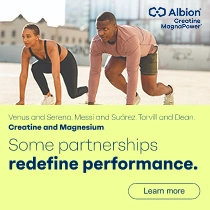 Two athletes prepare to sprint in an Albion Creative Management ad promoting partnerships that “redefine performance