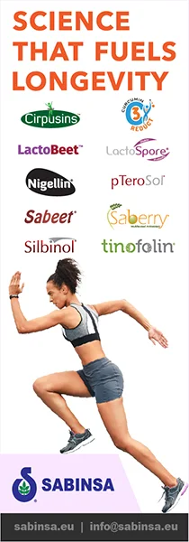Sabinsa banner promoting science-backed longevity ingredients, featuring a female runner, branded supplement logos, and company contact details.