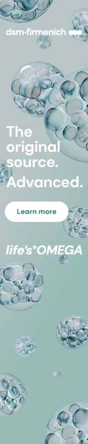 DSM-Firmenich life's OMEGA banner featuring translucent omega-3 bubbles, a soft blue-green background, and the tagline “The original source. Advanced.”