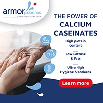 Hands touching an older person’s hand beside Armor Protéines calcium caseinates, highlighting high protein, low lactose and hygiene standards.