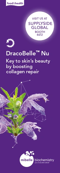 Purple DracoBelle™ Nu promotional banner highlighting collagen repair for skin beauty, with botanical graphics and booth 4472 details.