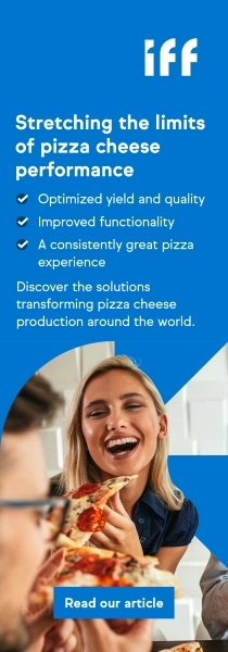 IFF advertisement promoting pizza cheese performance, featuring people enjoying pizza and highlighting improved yield, quality, and functionality