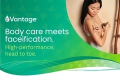 Image Vantage body care ad featuring a woman applying a body scrub, with the message “Body care meets faceification. High-performance, head to toe