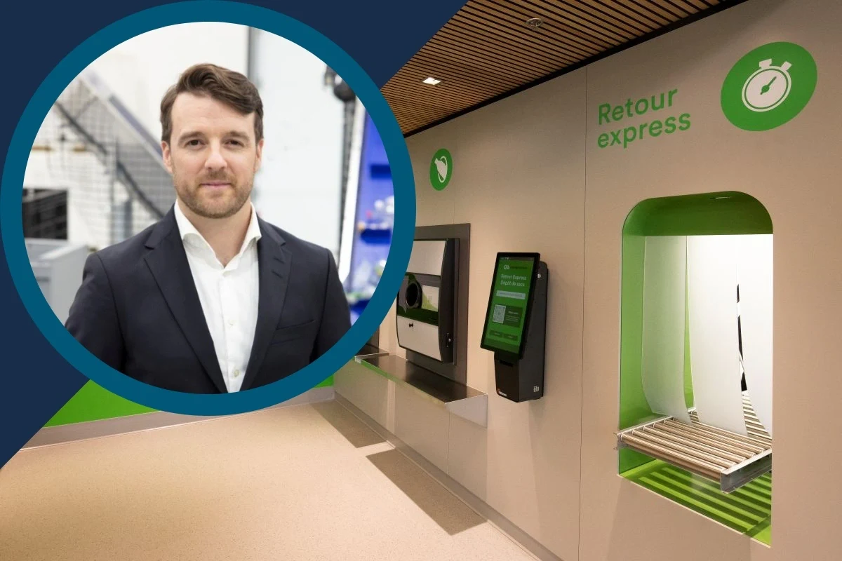 Image Man in a navy suit pictured alongside an automated express return station with a green self-service kiosk and parcel conveyor.