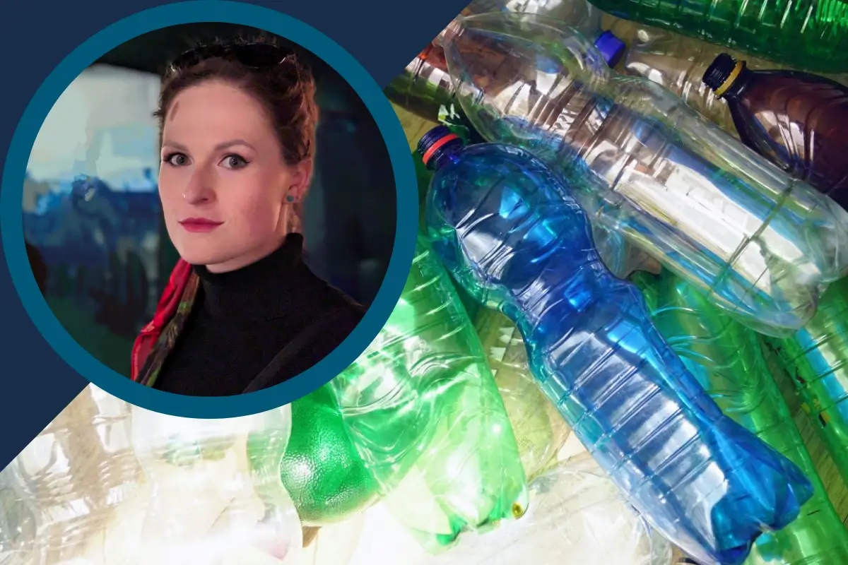 Portrait of a woman in a circular frame beside a pile of colorful discarded plastic bottles for recycling.