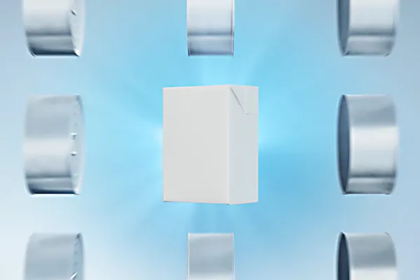 Image White rectangular box centered among metallic silver rings against a softly glowing blue background.