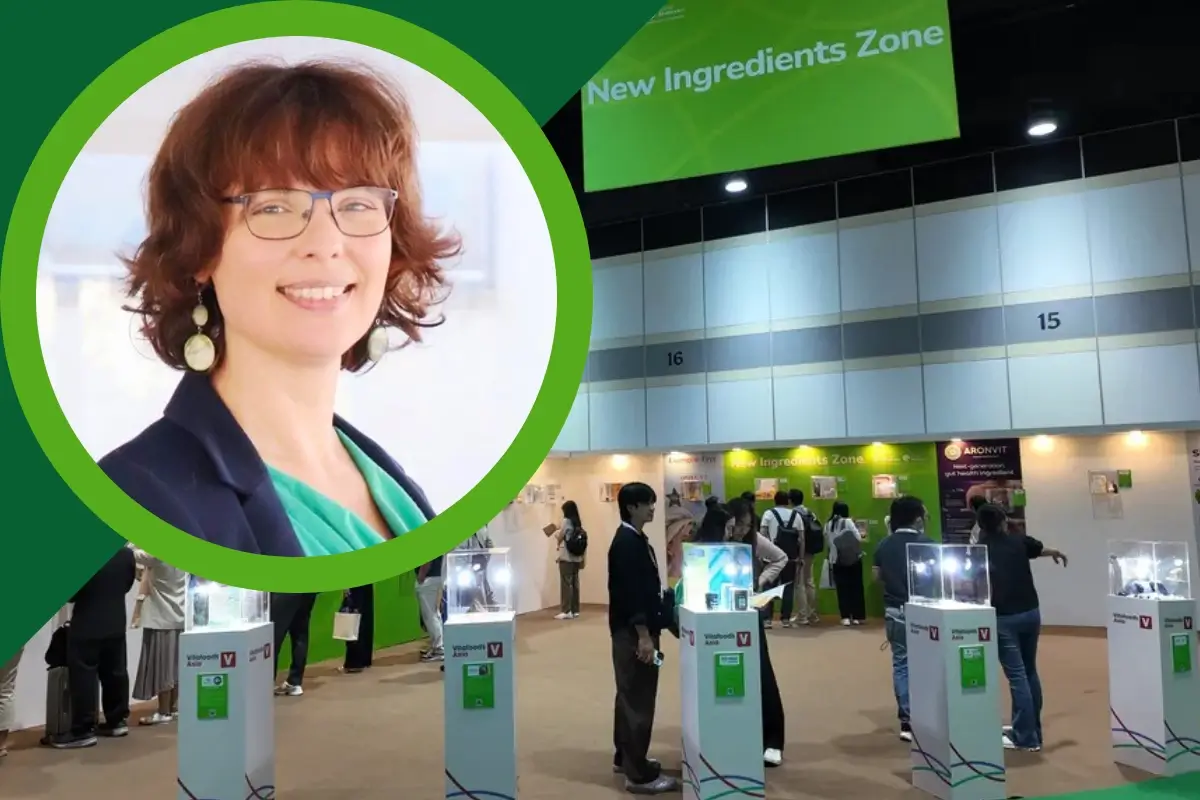Image Smiling woman in a circular portrait beside a busy “New Ingredients Zone” exhibition area with visitors and product displays