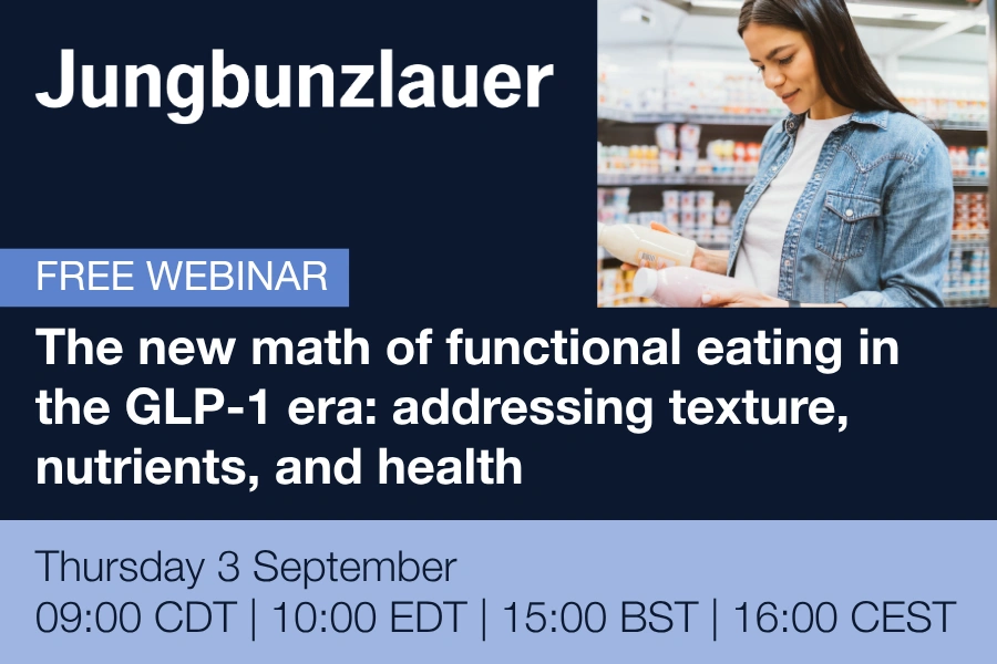 Free Jungbunzlauer webinar on functional eating in the GLP-1 era, Thursday 3 September at 09:00 CDT, 10:00 EDT, 15:00 BST, and 16:00 CEST.